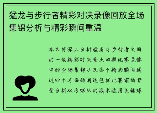猛龙与步行者精彩对决录像回放全场集锦分析与精彩瞬间重温